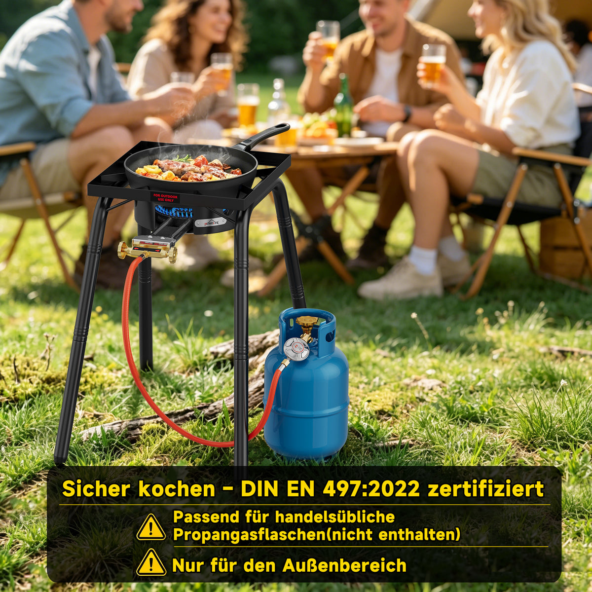 HOMELUX Gas-Hockerkocher 11,5 kW, höhenverstellbarer Outdoor-Gaskocher aus Gusseisen für Camping & den Garten