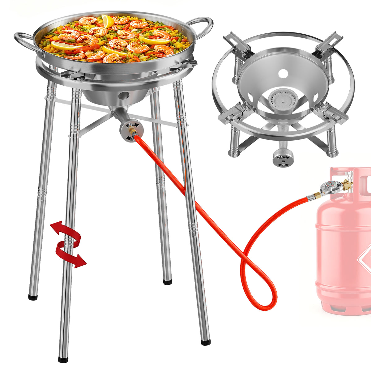 HOMELUX Edelstahl-Paellaset 3400W, modularer Gaskocher mit 41 cm Edelstahlpfanne, höhenverstellbaren Beinen, für den Gartenbereich
