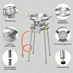 HOMELUX Edelstahl-Paellaset 3400W, modularer Gaskocher mit 41 cm Edelstahlpfanne, höhenverstellbaren Beinen, für den Gartenbereich