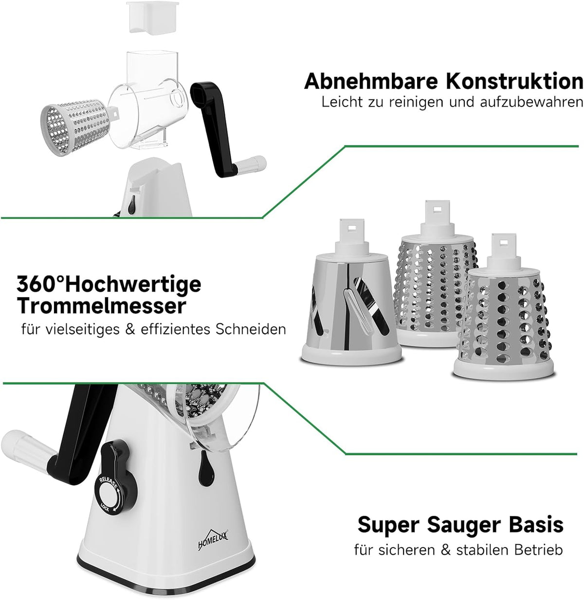 HOMELUX Gemüse- und Käseschneider Handkurbel Universal-Reibe 3-fach