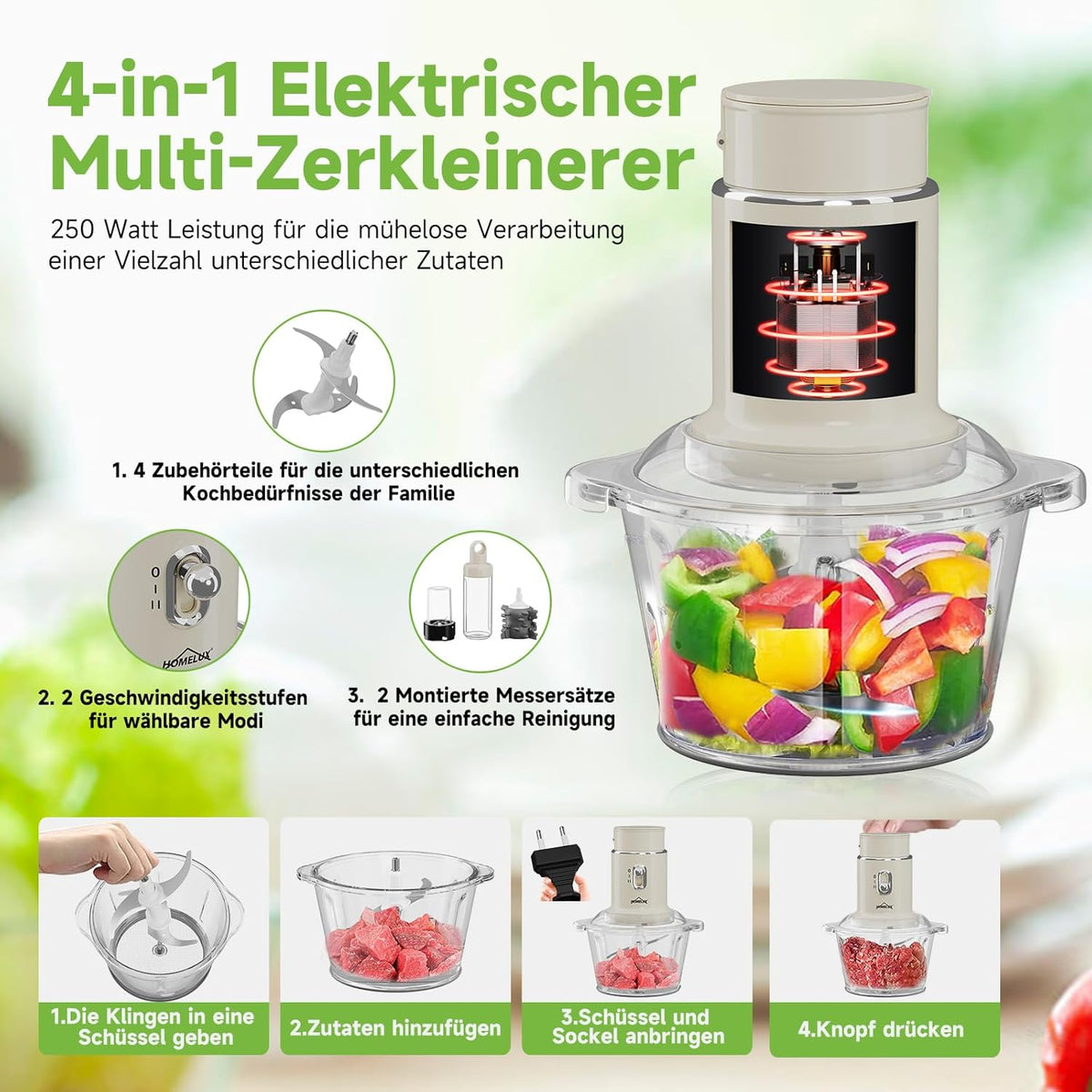 HOMELUX 4-in-1 Küchenallrounder: Zerkleinern, Mixen & Mahlen mit robus – homelux-shop