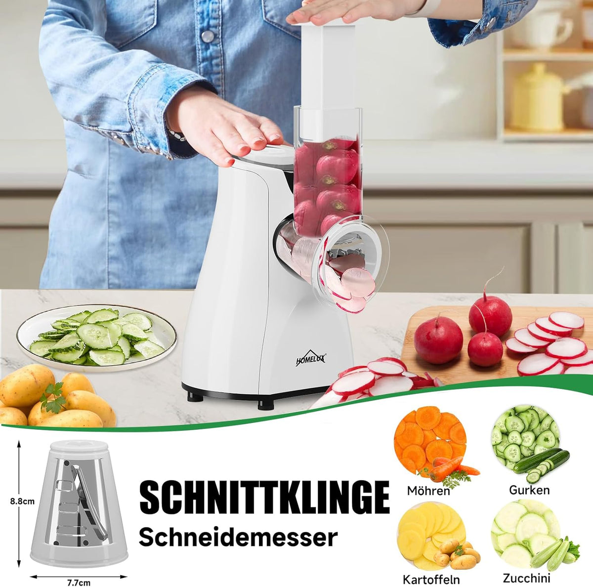 HOMELUX Elektr Gemüseschneider 5-fach Reibe Käse- & Gemüsehobel 5 Trom – homelux-shop