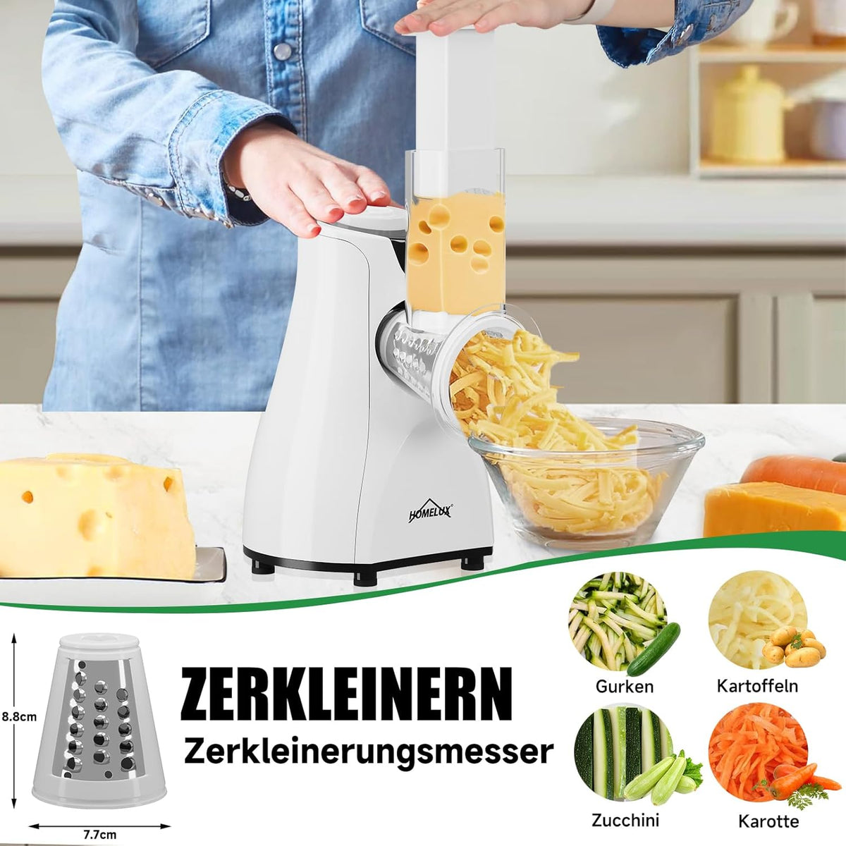 HOMELUX Elektr Gemüseschneider 5-fach Reibe Käse- & Gemüsehobel 5 Trom – homelux-shop