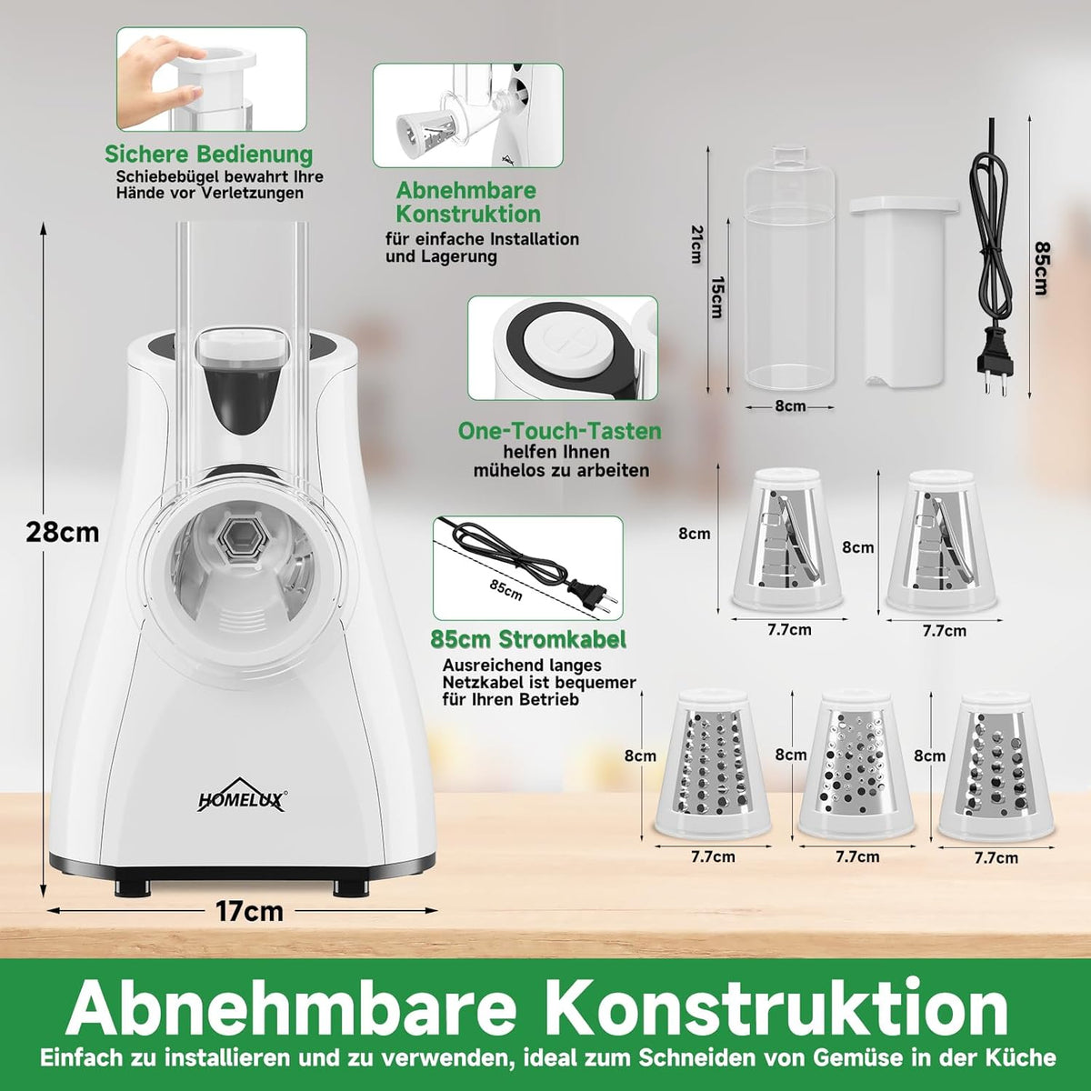 HOMELUX Elektr Gemüseschneider 5-fach Reibe Käse- & Gemüsehobel 5 Trom – homelux-shop