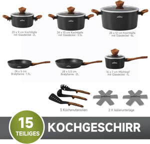 Topfset HOMELUX 15tlg Induktion Aluminiumguss Töpfe Pfannen mit Deckel, Antihaft Pfannenset