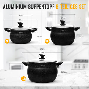 Homelux Kochtöpfe Set, Induktion, Antihaft, Spülmaschine, Glasdeckel, 20cm/4L, 24cm/8L, 28cm/12.5L