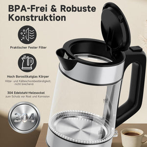 HOMELUX 1,7L Glaswasserkocher mit blauer LED, 2200W, Borosilikatglas, Edelstahl, BPA-frei, Automatische Abschaltung & Trockengehschutz