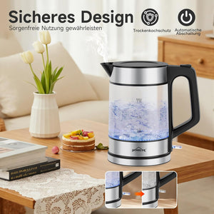 HOMELUX 1,7L Glaswasserkocher mit blauer LED, 2200W, Borosilikatglas, Edelstahl, BPA-frei, Automatische Abschaltung & Trockengehschutz
