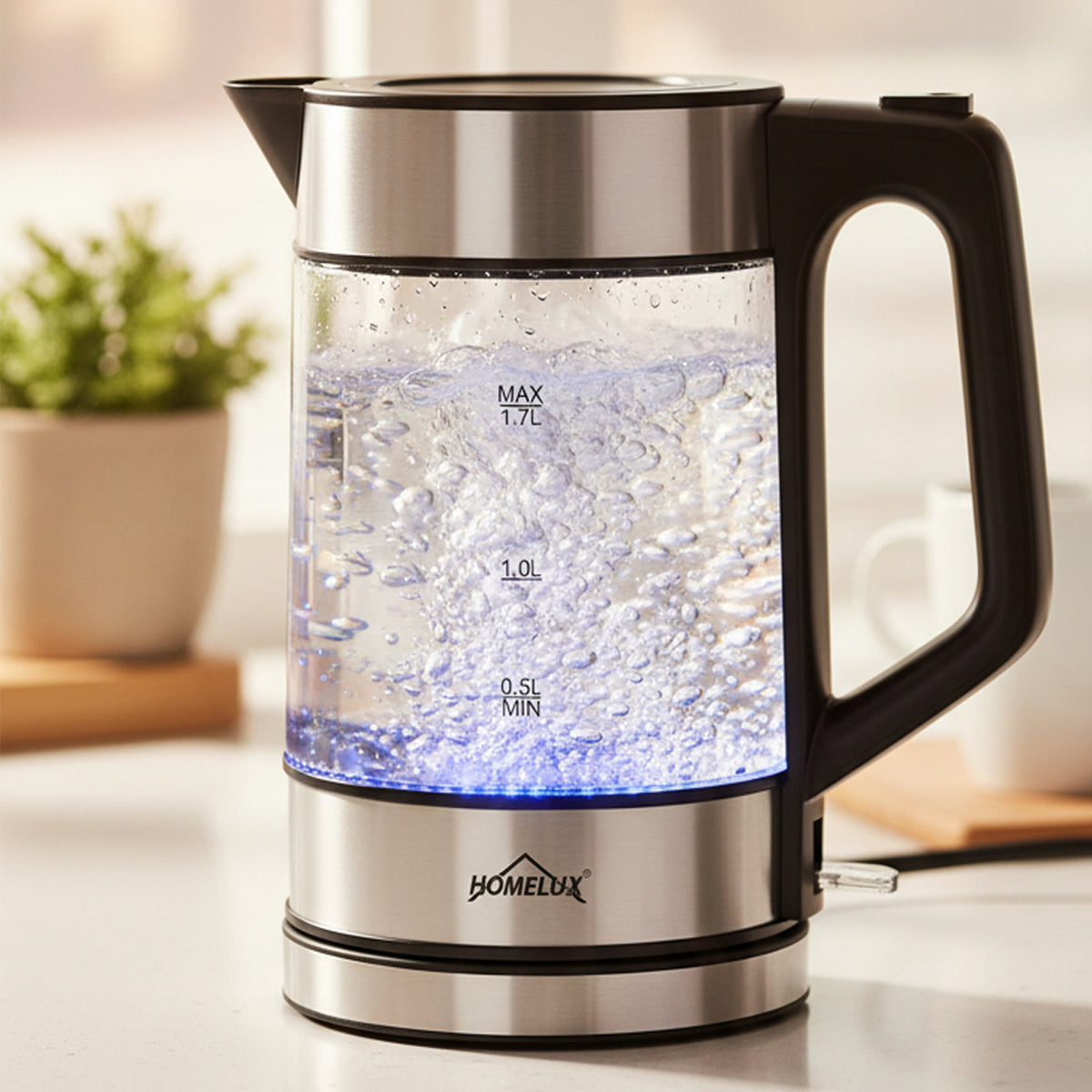HOMELUX 1,7L Glaswasserkocher mit blauer LED, 2200W, Borosilikatglas, Edelstahl, BPA-frei, Automatische Abschaltung & Trockengehschutz