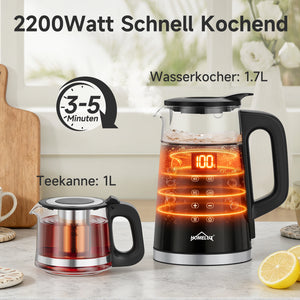 Wasserkocher Glas 2in1 Teekocher Edelstahl 2200W Teebereiter mit 4 Temperatureinstellungen 1,7L mit Warmhaltefunktion, Teetrichter