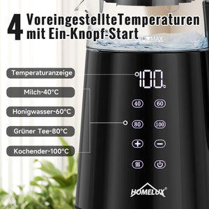 Wasserkocher Glas 2in1 Teekocher Edelstahl 2200W Teebereiter mit 4 Temperatureinstellungen 1,7L mit Warmhaltefunktion, Teetrichter