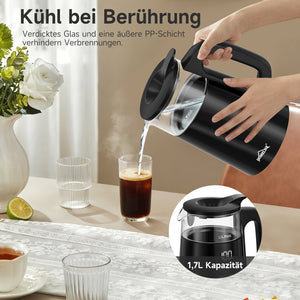 Wasserkocher Glas 2in1 Teekocher Edelstahl 2200W Teebereiter mit 4 Temperatureinstellungen 1,7L mit Warmhaltefunktion, Teetrichter