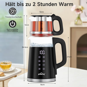 Wasserkocher Glas 2in1 Teekocher Edelstahl 2200W Teebereiter mit 4 Temperatureinstellungen 1,7L mit Warmhaltefunktion, Teetrichter