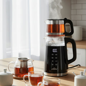 Wasserkocher Glas 2in1 Teekocher Edelstahl 2200W Teebereiter mit 4 Temperatureinstellungen 1,7L mit Warmhaltefunktion, Teetrichter