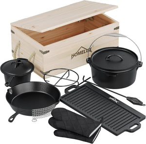 Topf-Set 10-tlg. Dutch Oven Set in Holzkiste Kochtopf Grillplatte Stieltopf Einsetzbar auf Gas Induktionsherden, offenen Flammen und Backöfen