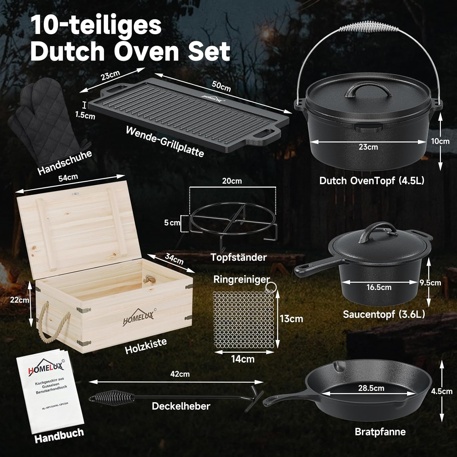 HOMELUX Dutch Oven Set aus Gusseisen, 10-teilig in Holzkiste – 4,5L Topf, 3,6L Saucier inkl. Pfanne, Grillplatte & Zubehör
