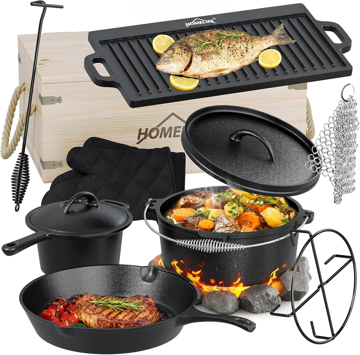 HOMELUX Dutch Oven Set aus Gusseisen, 10-teilig in Holzkiste – 4,5L Topf, 3,6L Saucier inkl. Pfanne, Grillplatte & Zubehör