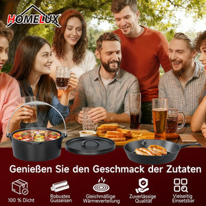 Topf-Set 10-tlg. Dutch Oven Set in Holzkiste Kochtopf Grillplatte Stieltopf Einsetzbar auf Gas Induktionsherden, offenen Flammen und Backöfen