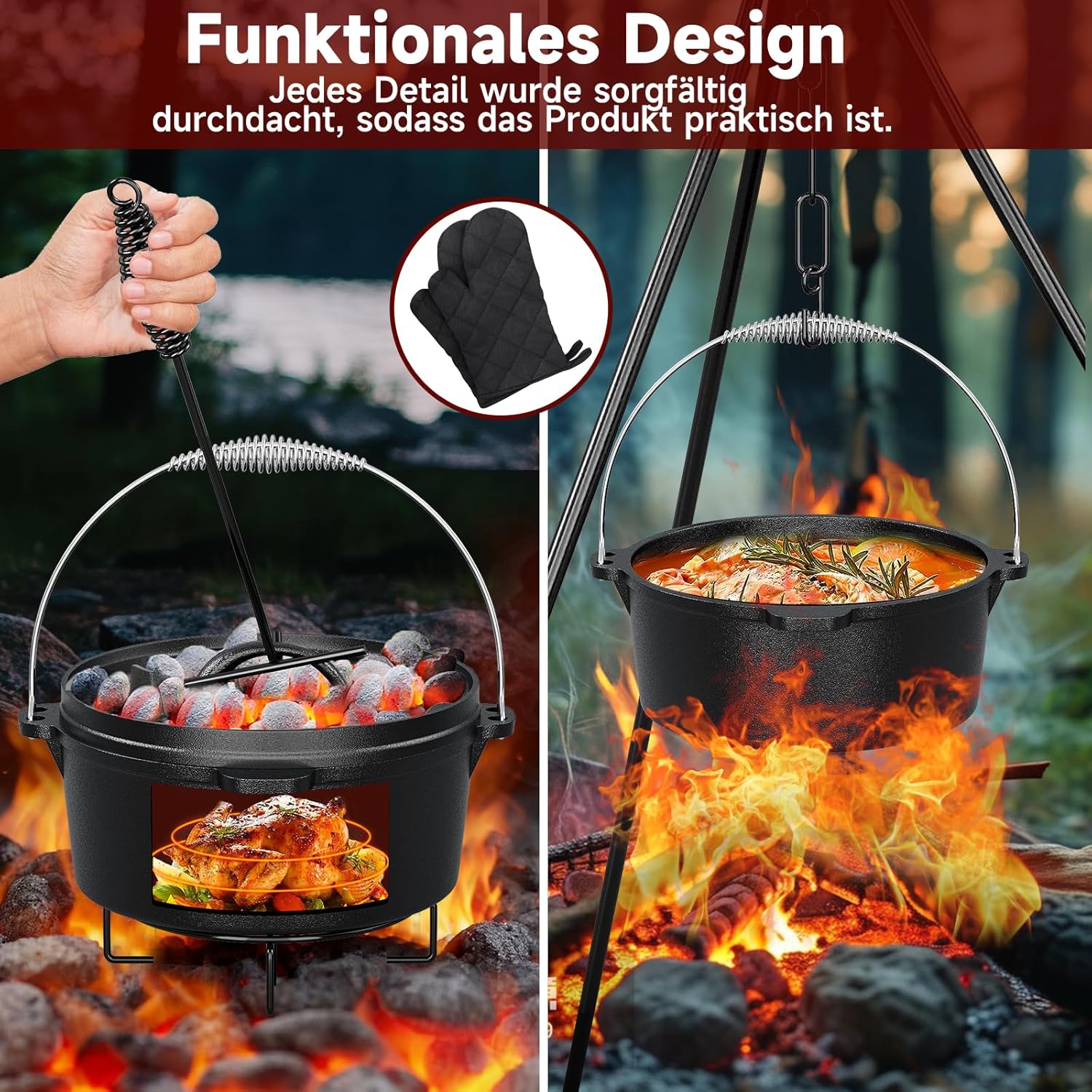 Topf-Set 10-tlg. Dutch Oven Set in Holzkiste Kochtopf Grillplatte Stieltopf Einsetzbar auf Gas Induktionsherden, offenen Flammen und Backöfen