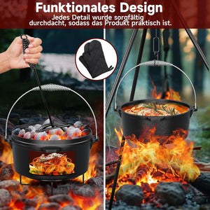 Topf-Set 10-tlg. Dutch Oven Set in Holzkiste Kochtopf Grillplatte Stieltopf Einsetzbar auf Gas Induktionsherden, offenen Flammen und Backöfen