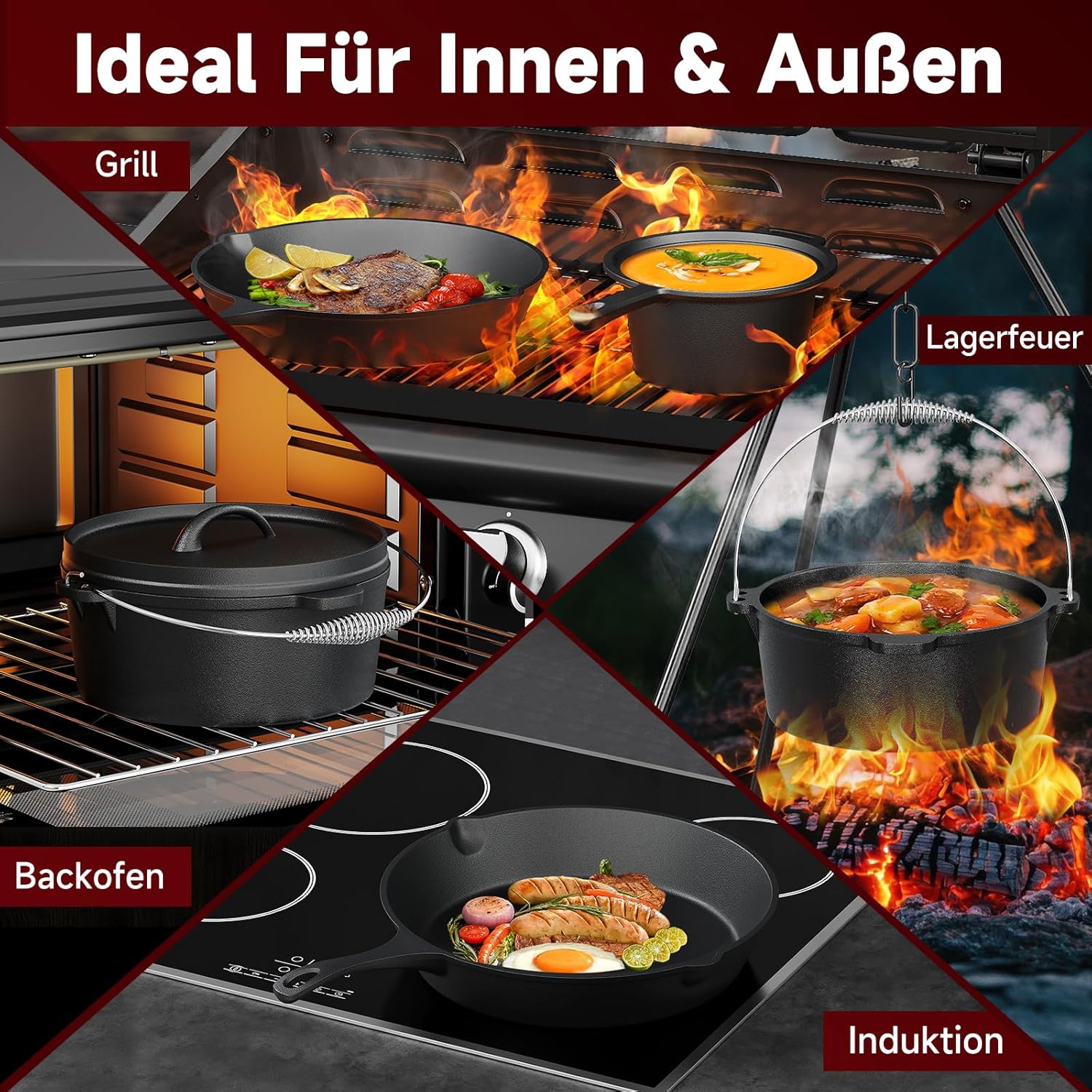 Topf-Set 10-tlg. Dutch Oven Set in Holzkiste Kochtopf Grillplatte Stieltopf Einsetzbar auf Gas Induktionsherden, offenen Flammen und Backöfen
