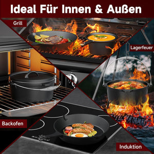 Topf-Set 10-tlg. Dutch Oven Set in Holzkiste Kochtopf Grillplatte Stieltopf Einsetzbar auf Gas Induktionsherden, offenen Flammen und Backöfen