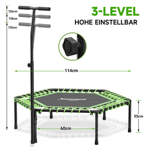 HOMELUX 114x126cm Fitness Trampolin Verstellbarer Haltegriff, leises & gelenkschonendes Springen, 100kg Belastbarkeit, Indoor geeignet