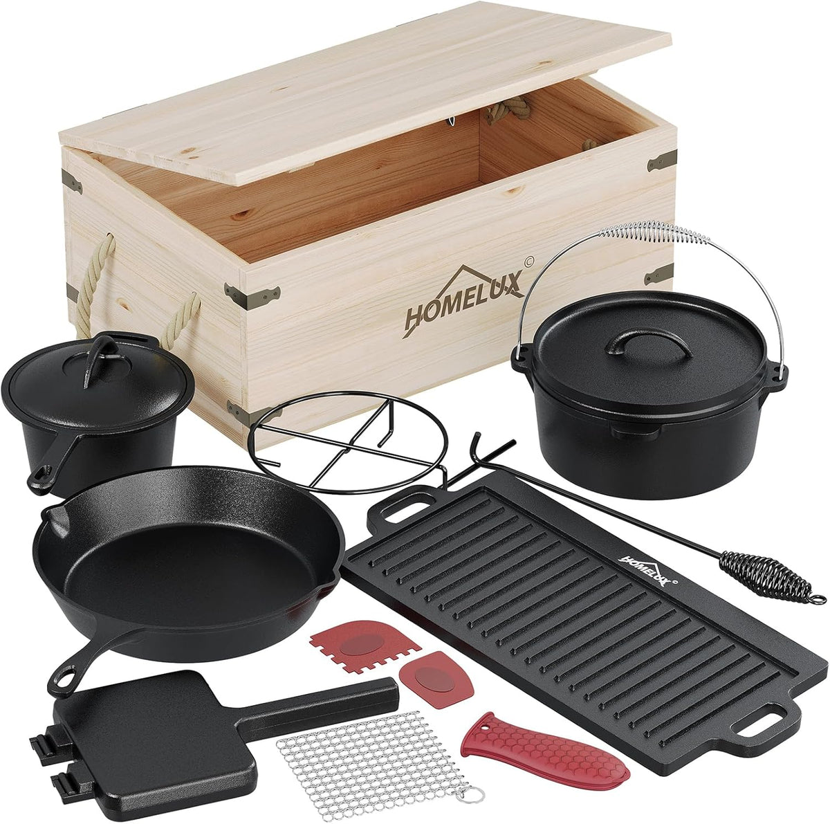 HOMELUX Gusseisen 12-teiliges Dutch Oven Set in Holzkiste – 4,5L Topf, 3,6L Saucier, Grillplatte, Bratpfanne & Komplettes Zubehör