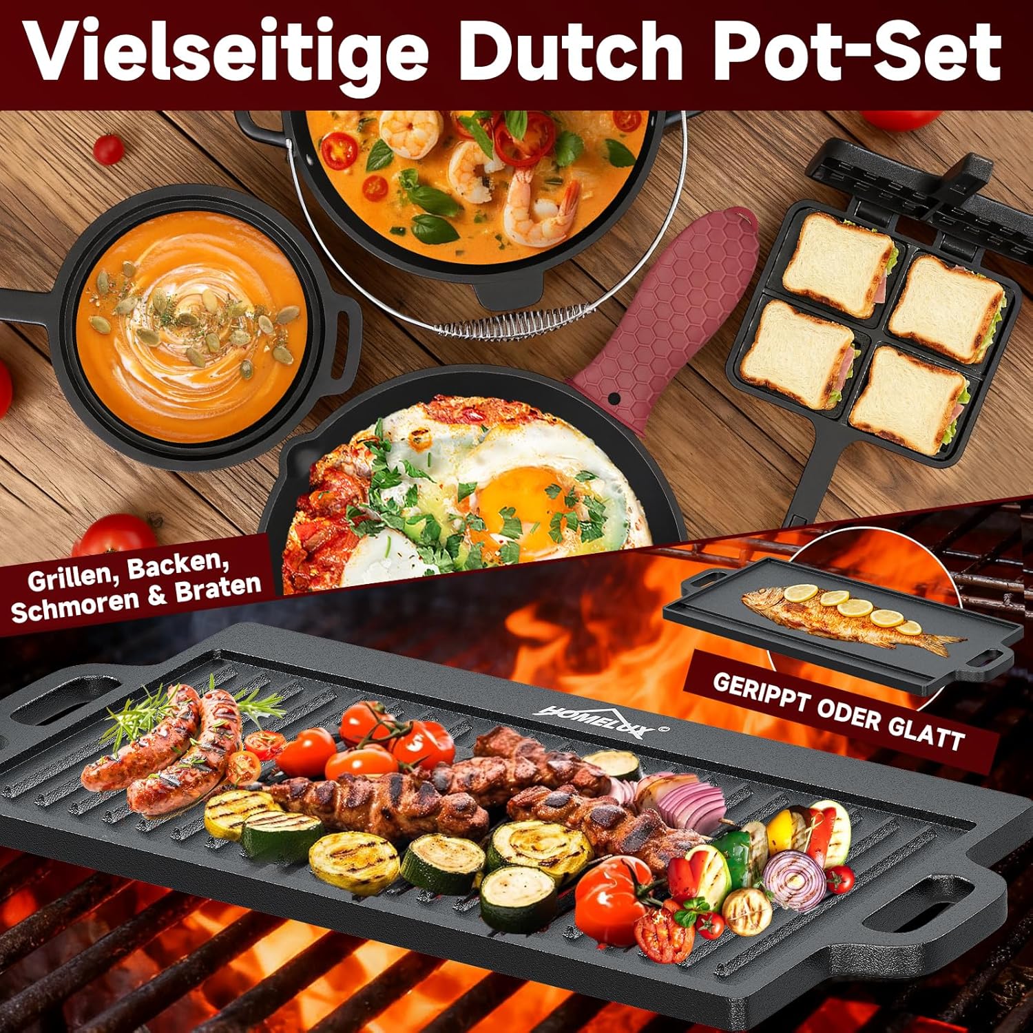 HOMELUX Gusseisen 12-teiliges Dutch Oven Set in Holzkiste – 4,5L Topf, 3,6L Saucier, Grillplatte, Bratpfanne & Komplettes Zubehör
