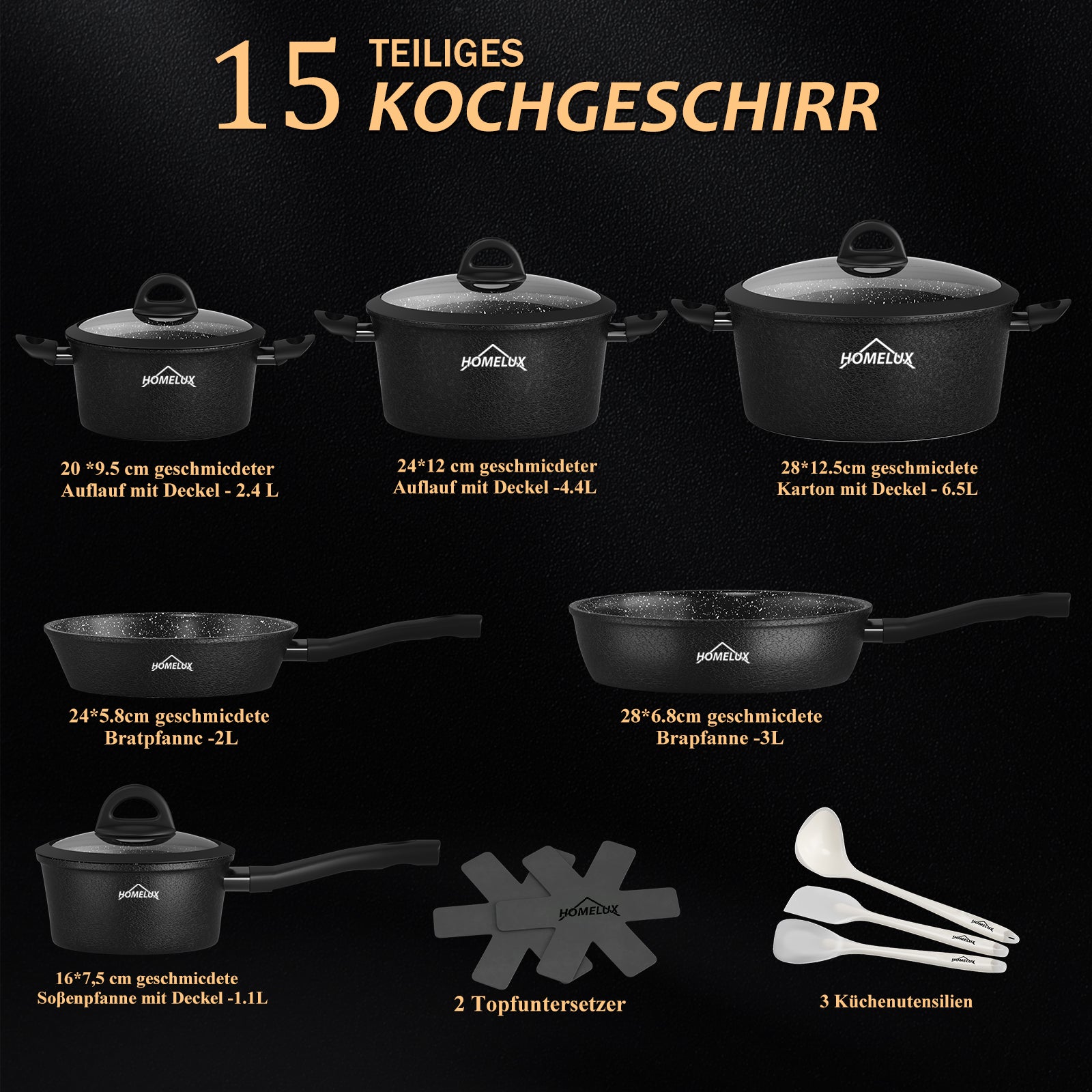 HOMELUX 15-tlg. Kochgeschirr-Set: Induktion & Backofenfest, inklusive Profi-Töpfe & Pfannen