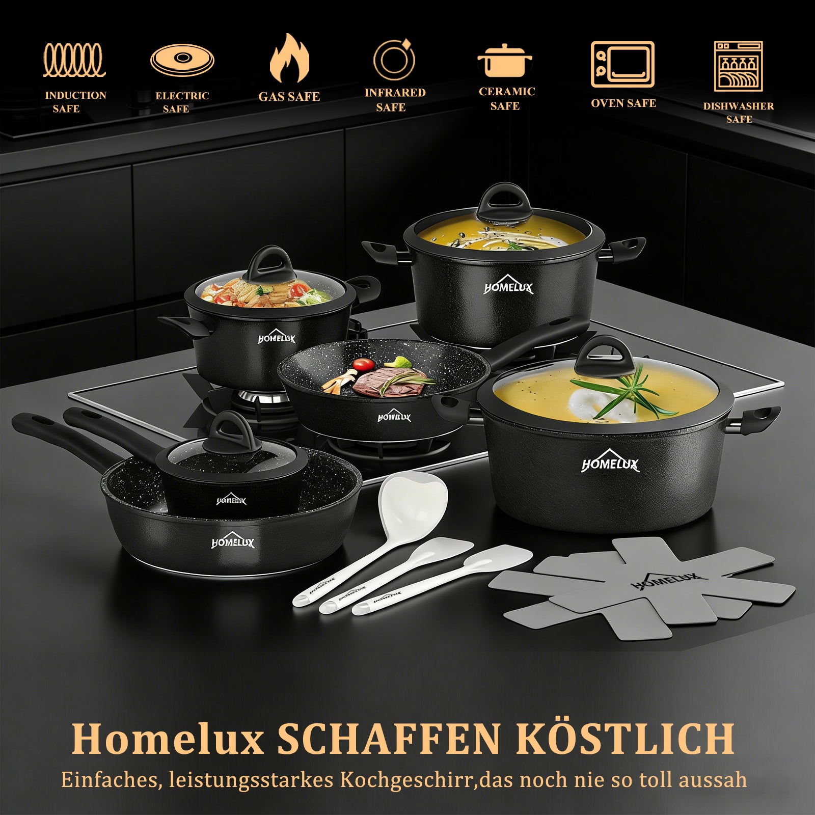 HOMELUX 15-tlg. Kochgeschirr-Set: Induktion & Backofenfest, inklusive Profi-Töpfe & Pfannen