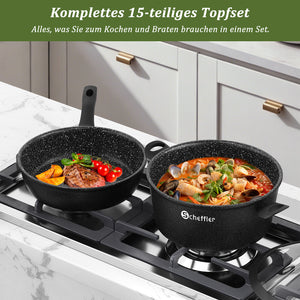 15-piece pot set, pan set, non-stick coating, induction cooking pot, glass lid 