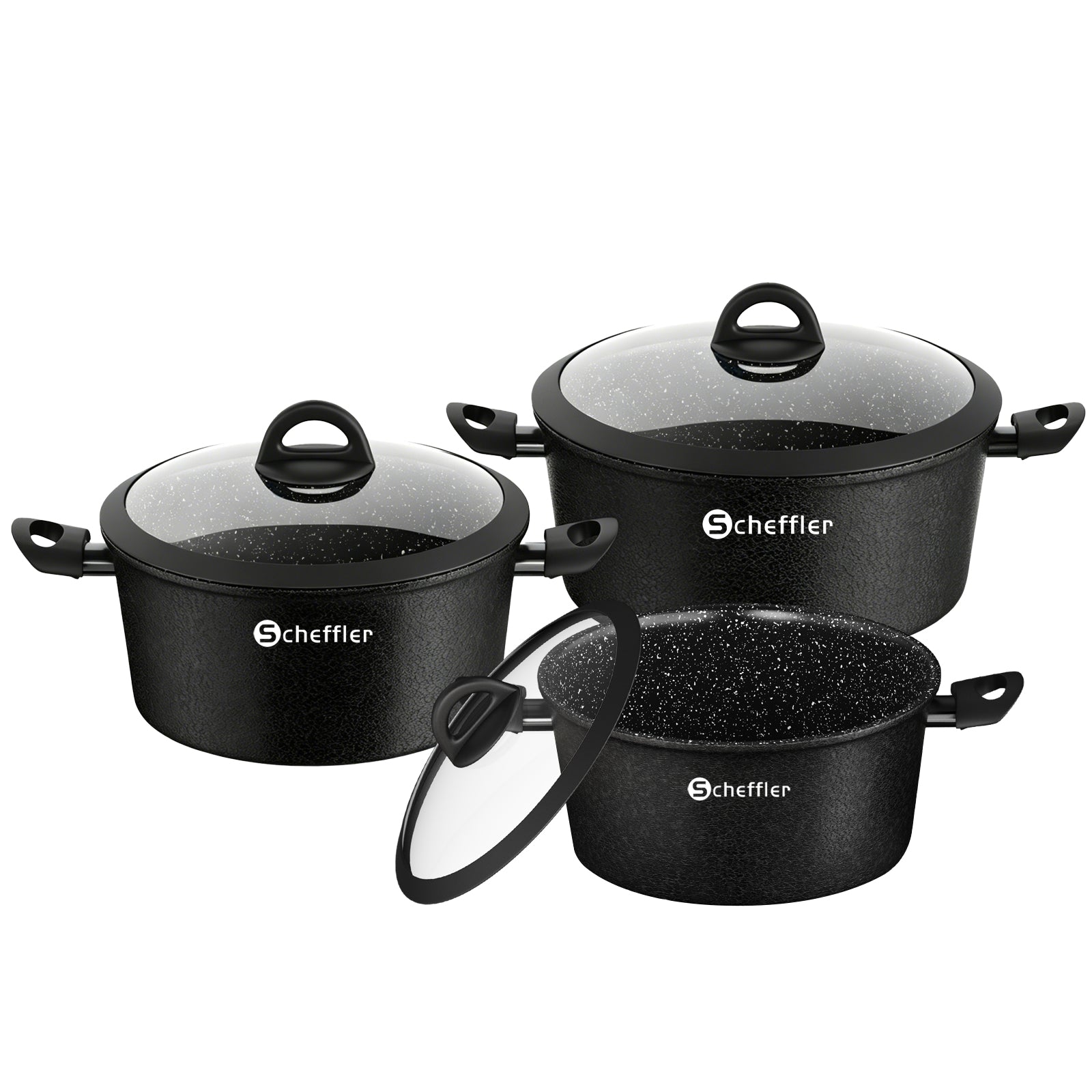 Scheffler Topfset, Induktions Töpfe Set 6-teilig, Antihaft-beschichtete Topfe, Kochtopf Set mit Glasdeckel, Spülmaschinenfest
