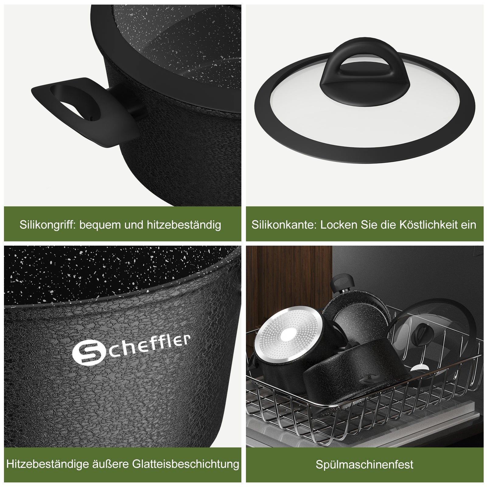 Scheffler Topfset, Induktions Töpfe Set 6-teilig, Antihaft-beschichtete Topfe, Kochtopf Set mit Glasdeckel, Spülmaschinenfest
