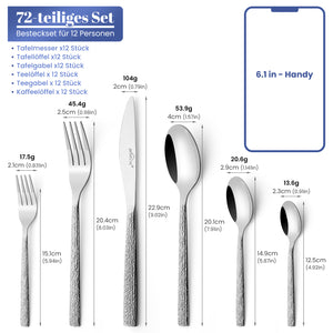 HOMELUX 72-teiliges Besteckset für 12 Personen, Edelstahl Tafelbesteck, Gehämmertes Design, Spülmaschinenfest