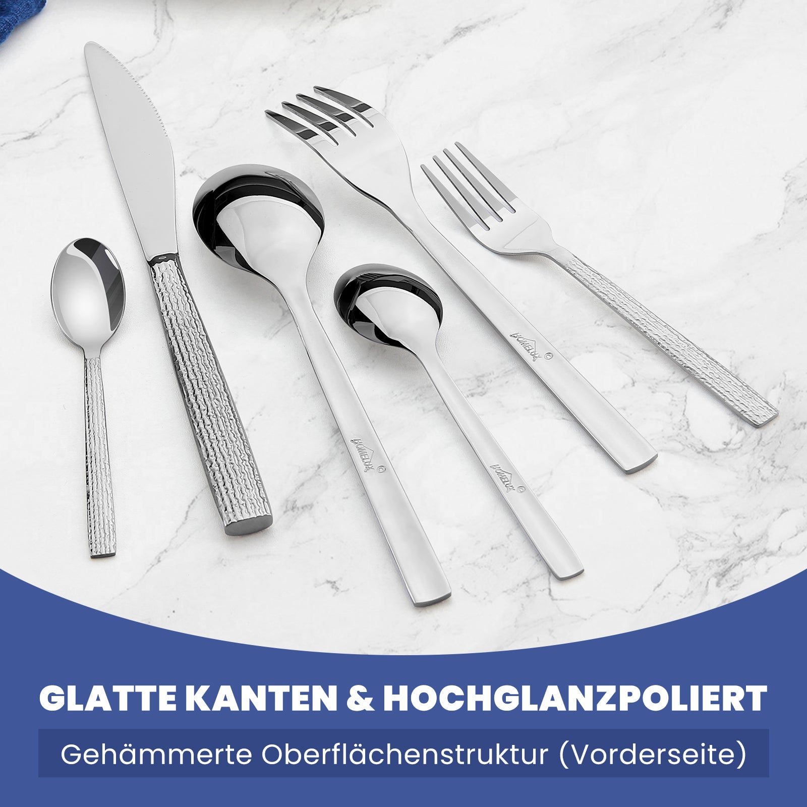 HOMELUX 72-teiliges Besteckset für 12 Personen, Edelstahl Tafelbesteck, Gehämmertes Design, Spülmaschinenfest