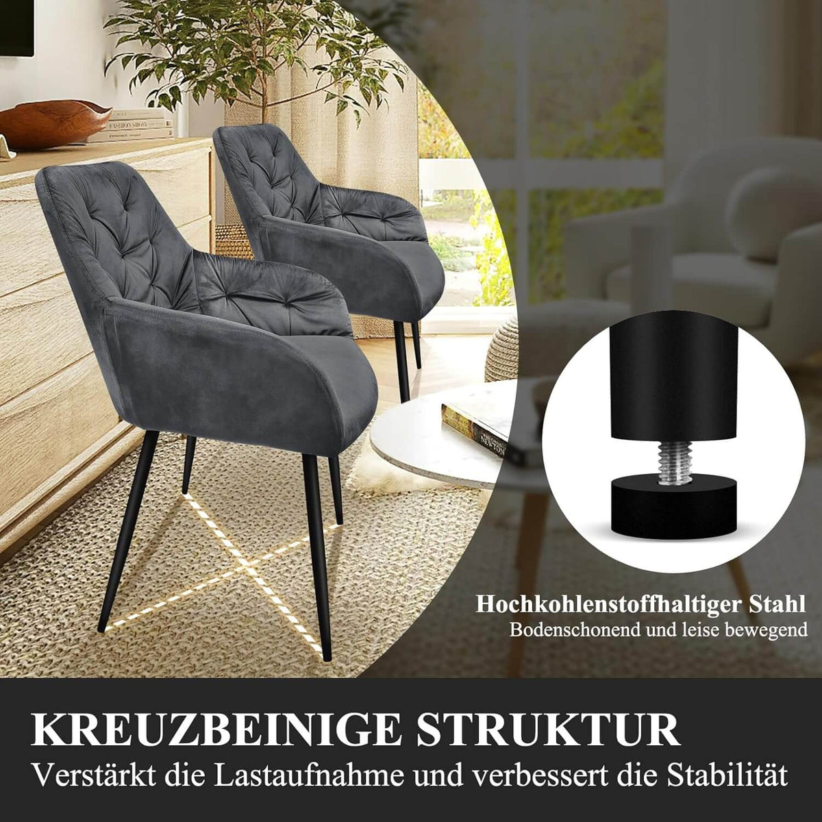 HOMELUX Esszimmerstuhl 2er Set, Polsterstuhl mit Armlehnen, Sitzfläche aus Samt & Metallbeine, Küchenstuhl Wohnzimmerstuhl Stühle