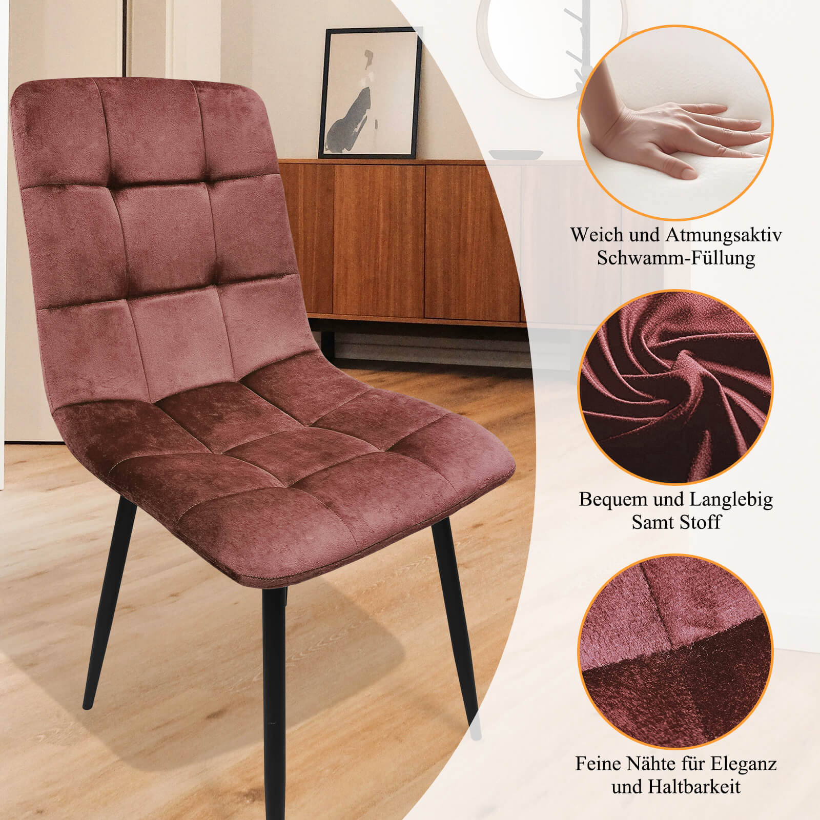 HOMELUX 4er Set Küchen Esszimmerstühle mit Rückenlehne & Samtbezug, ergonomische Sitzfläche, Metallbeine, 110 kg belastbar
