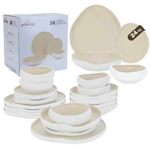 HOMELUX 24-teiliges Porzellan-Tafelservice für 6 Personen, modernes, weißes Geschirrset in asymmetrischer Form, spülmaschinenfest