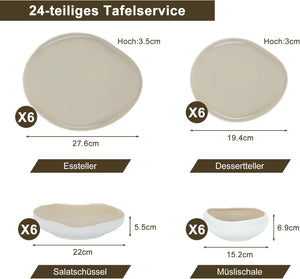 HOMELUX 24-teiliges Porzellan-Tafelservice für 6 Personen, modernes, weißes Geschirrset in asymmetrischer Form, spülmaschinenfest