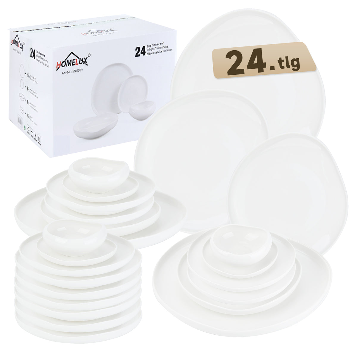 HOMELUX 24-teiliges Porzellan-Tafelservice für 6 Personen, modernes, weißes Geschirrset in asymmetrischer Form, spülmaschinenfest