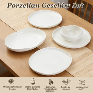 HOMELUX 24-teiliges Porzellan-Tafelservice für 6 Personen, modernes, weißes Geschirrset in asymmetrischer Form, spülmaschinenfest