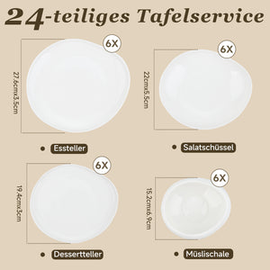 HOMELUX 24-teiliges Porzellan-Tafelservice für 6 Personen, modernes, weißes Geschirrset in asymmetrischer Form, spülmaschinenfest