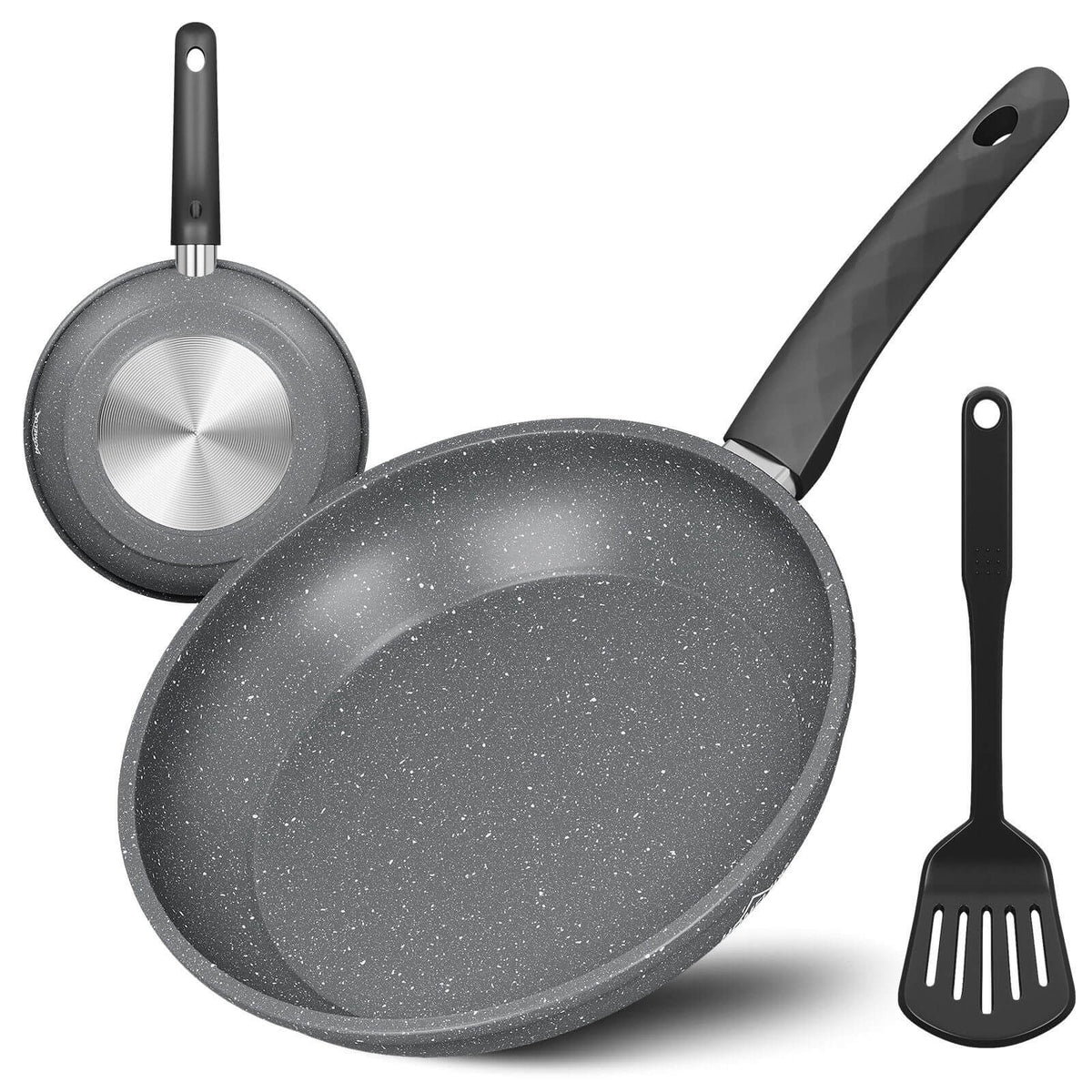 Bratpfanne 28 cm mit Spatel, beschichtete Pfanne mit Marmorbeschichtung, Induktion geeignet, hitzebeständig bis 230°C