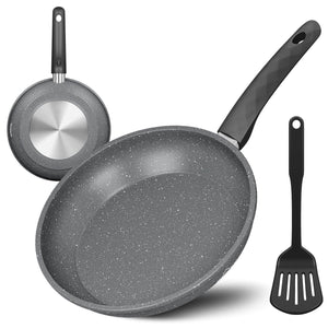 Bratpfanne 28 cm mit Spatel, beschichtete Pfanne mit Marmorbeschichtung, Induktion geeignet, hitzebeständig bis 230°C
