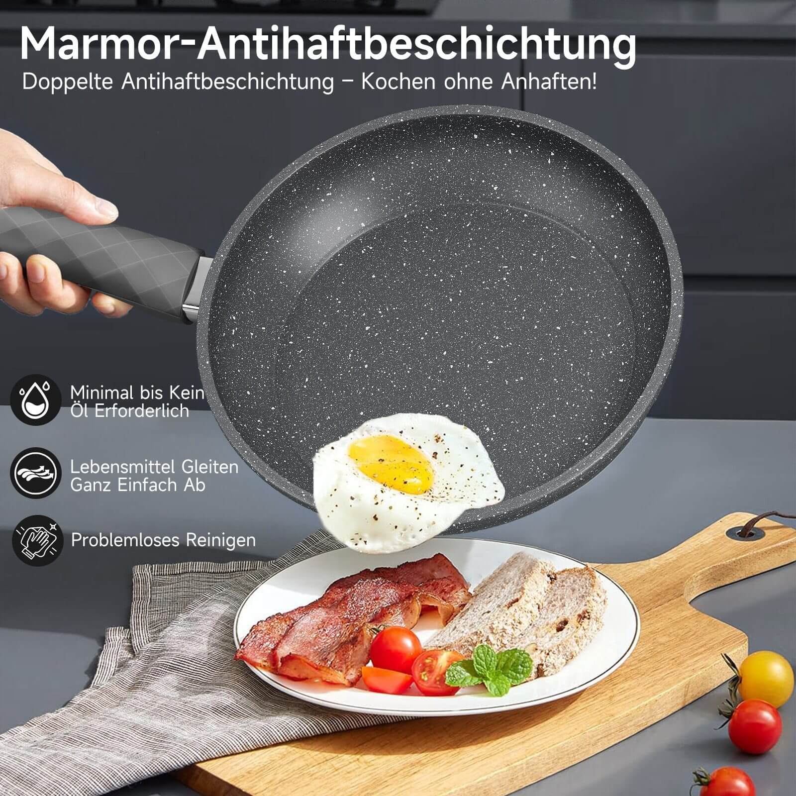 Bratpfanne 28 cm mit Spatel, beschichtete Pfanne mit Marmorbeschichtung, Induktion geeignet, hitzebeständig bis 230°C