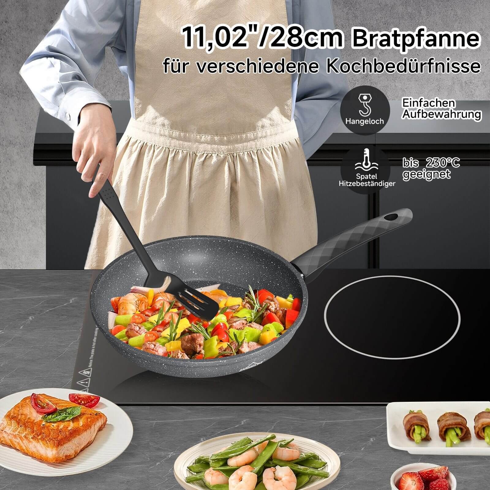 Bratpfanne 28 cm mit Spatel, beschichtete Pfanne mit Marmorbeschichtung, Induktion geeignet, hitzebeständig bis 230°C