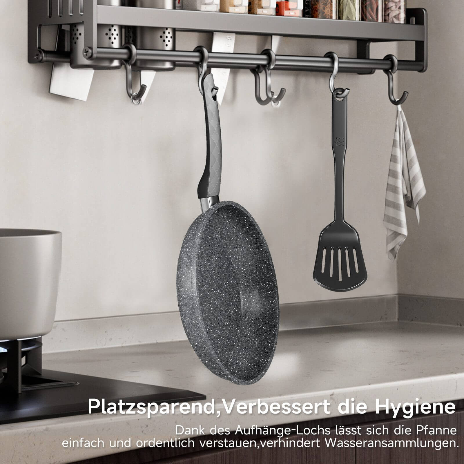 Bratpfanne 28 cm mit Spatel, beschichtete Pfanne mit Marmorbeschichtung, Induktion geeignet, hitzebeständig bis 230°C