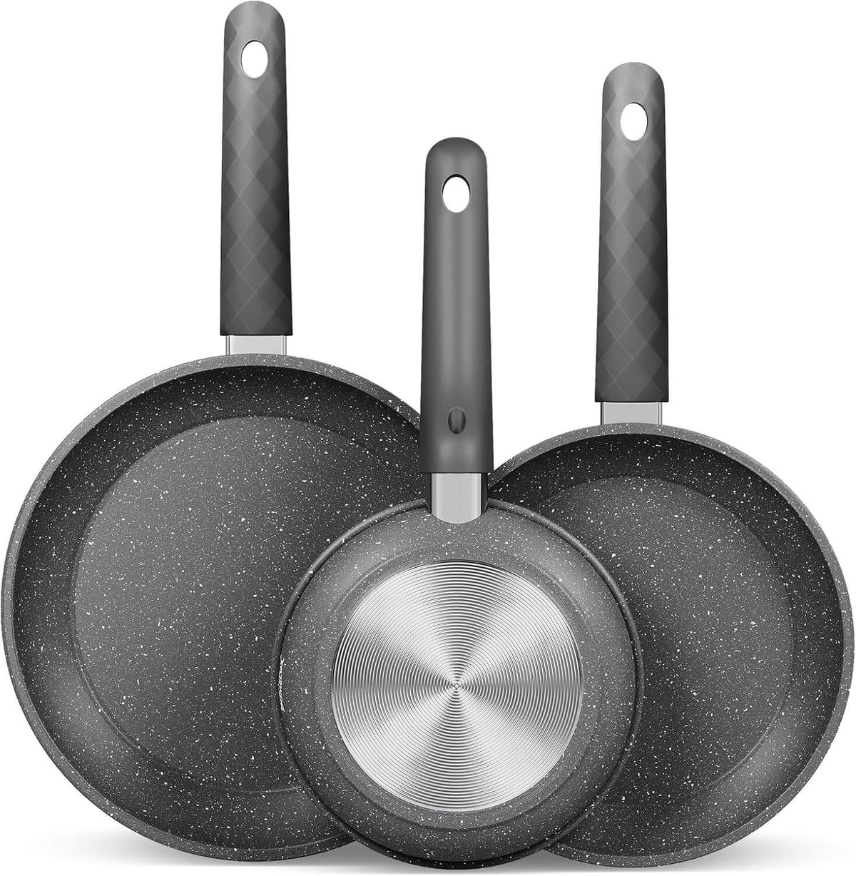 HOMELUX 3-tlg. Pfannenset Bratpfanne Ø20/24/28cm, beschichtete Pfannen mit Marmorbeschichtung, Induktion Pfanne, Pfannen für alle Herdarten, Grau