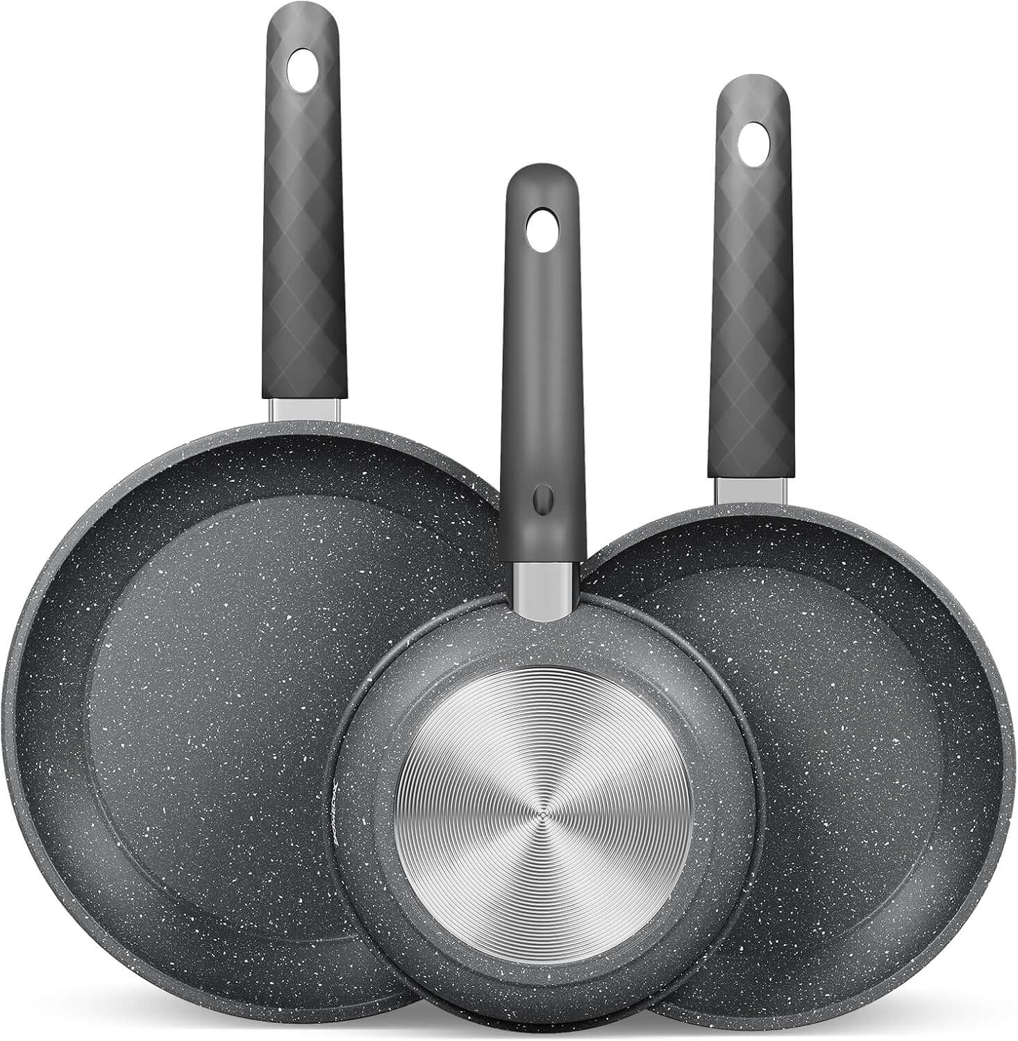 HOMELUX 3-tlg. Pfannenset Bratpfanne Ø20/24/28cm, beschichtete Pfannen mit Marmorbeschichtung, Induktion Pfanne, Pfannen für alle Herdarten, Grau